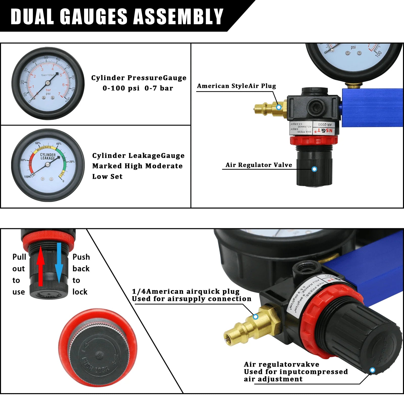 Cylinder Leak Down Tester Kit,Gasoline Engine Compression Tester,Dual Pressure Gauges Engine Compression Leakdown Detector for G - PCWLDASHRES