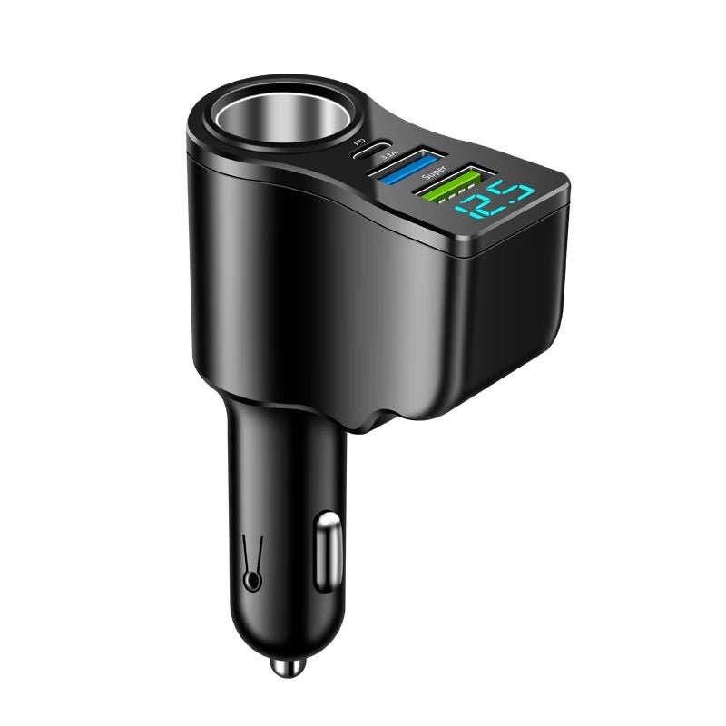 Digital Display Car Charger with Dual USB Ports; 66W Triple Cigarette Light Adaptor - PCWLDASHRES