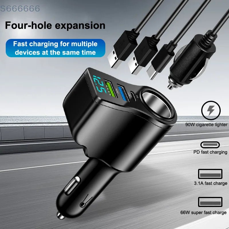 Digital Display Car Charger with Dual USB Ports; 66W Triple Cigarette Light Adaptor - PCWLDASHRES