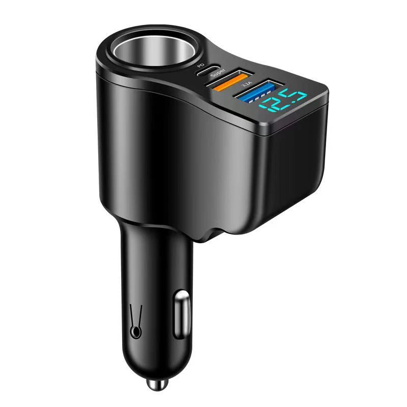 Digital Display Car Charger with Dual USB Ports; 66W Triple Cigarette Light Adaptor - PCWLDASHRES