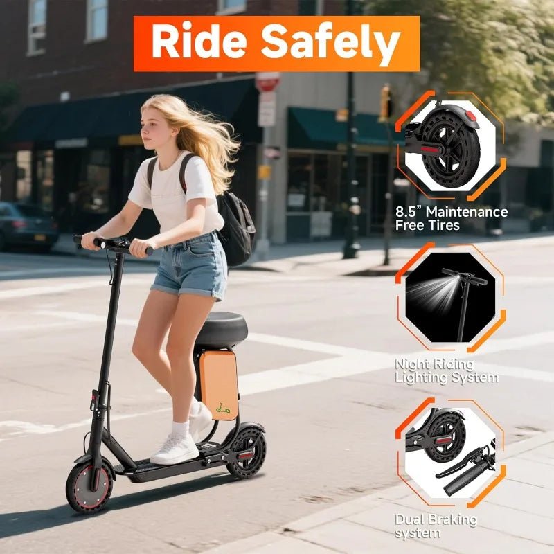 Electric Scooter With Seat For Adults - 19MPH & 21 - Mile Range, 350W Motor, 8.5" Solid Tires With App Control & Dual Brake System - PCWLDASHRES