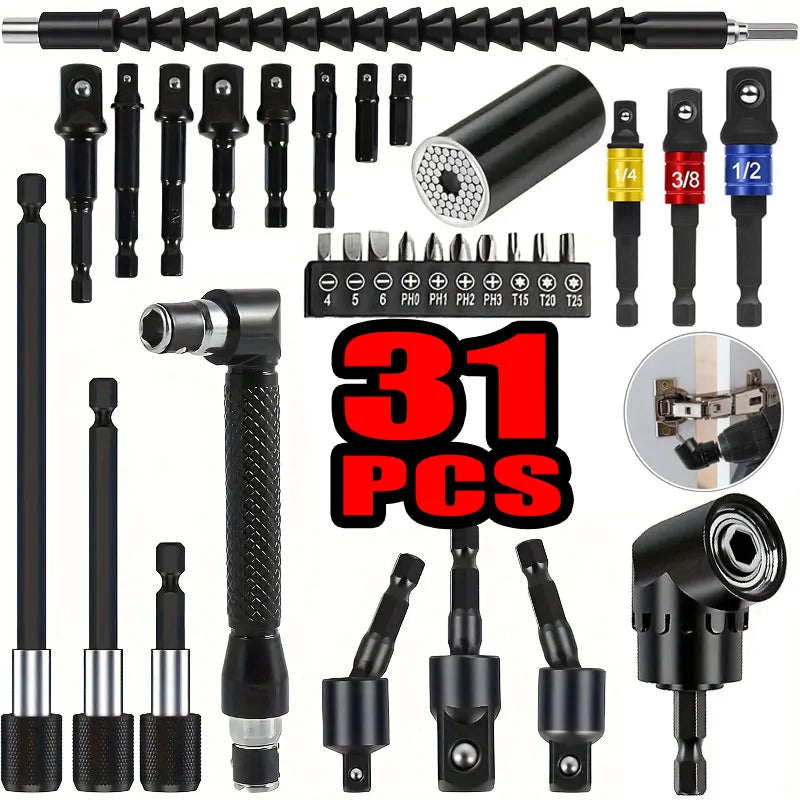 31 Flexible Drill Bit Extension Rotatable Socket Adapter Hex Shank 105° Right Angle Drill Attachment Screwdriver 90° Angled Bits