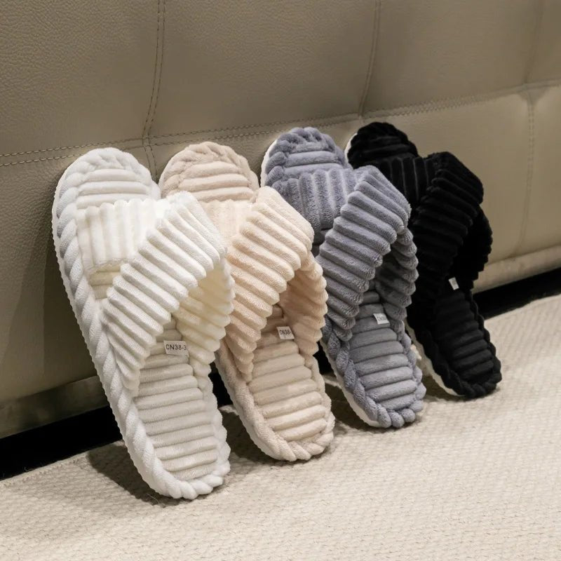 Fashion Corduroy Cross band Open Toe Home Slippers Women Autumn Winter Warm Plush Slides ladies Bedroom Soft Sole Slippers - PCWLDASHRES