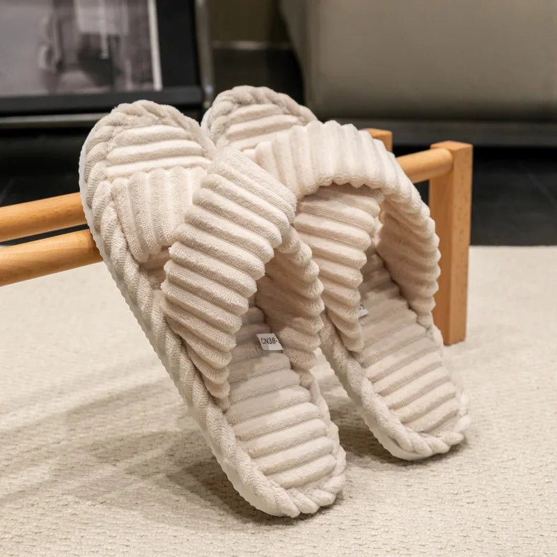 Fashion Corduroy Cross band Open Toe Home Slippers Women Autumn Winter Warm Plush Slides ladies Bedroom Soft Sole Slippers - PCWLDASHRES