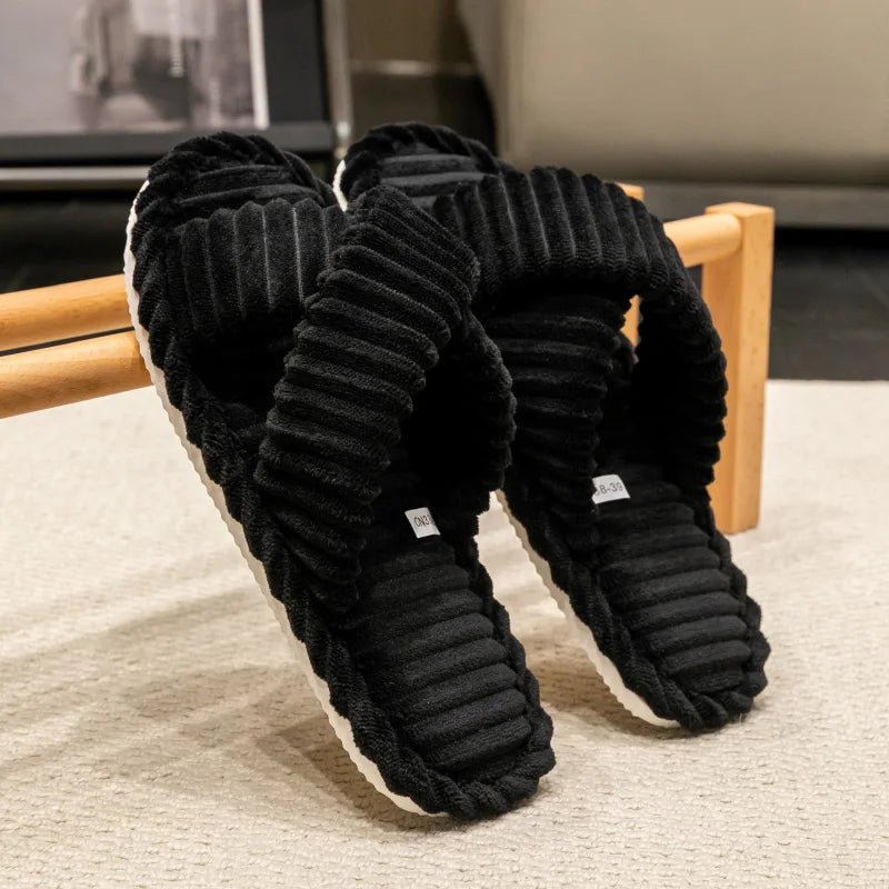 Fashion Corduroy Cross band Open Toe Home Slippers Women Autumn Winter Warm Plush Slides ladies Bedroom Soft Sole Slippers - PCWLDASHRES