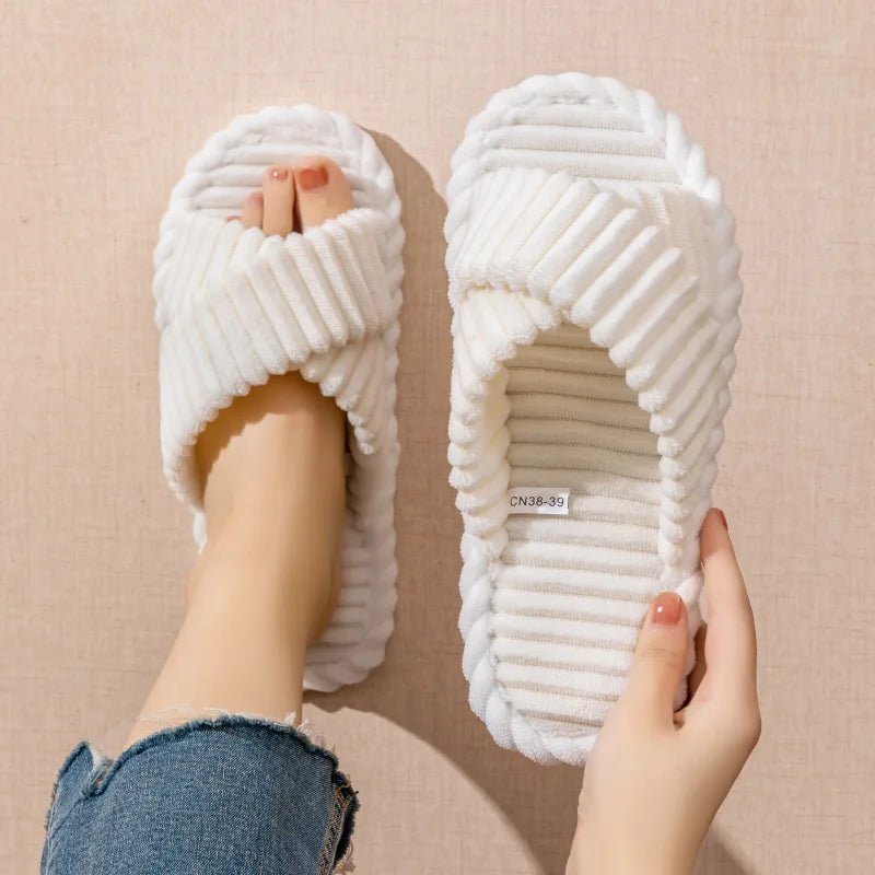 Fashion Corduroy Cross band Open Toe Home Slippers Women Autumn Winter Warm Plush Slides ladies Bedroom Soft Sole Slippers - PCWLDASHRES