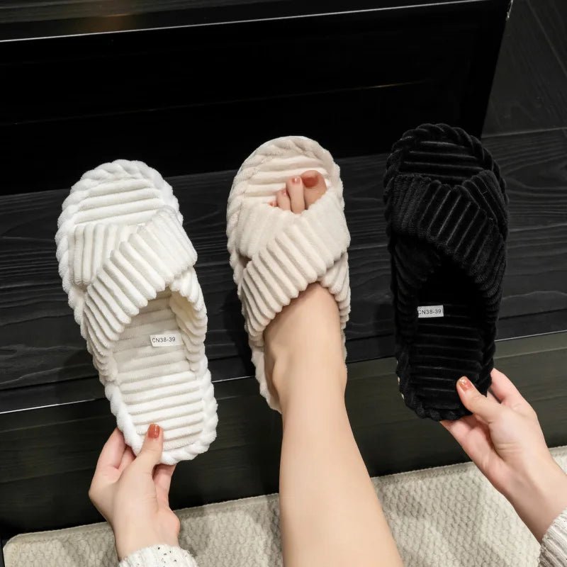 Fashion Corduroy Cross band Open Toe Home Slippers Women Autumn Winter Warm Plush Slides ladies Bedroom Soft Sole Slippers - PCWLDASHRES