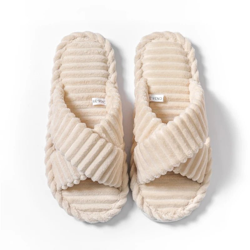 Fashion Corduroy Cross band Open Toe Home Slippers Women Autumn Winter Warm Plush Slides ladies Bedroom Soft Sole Slippers - PCWLDASHRES