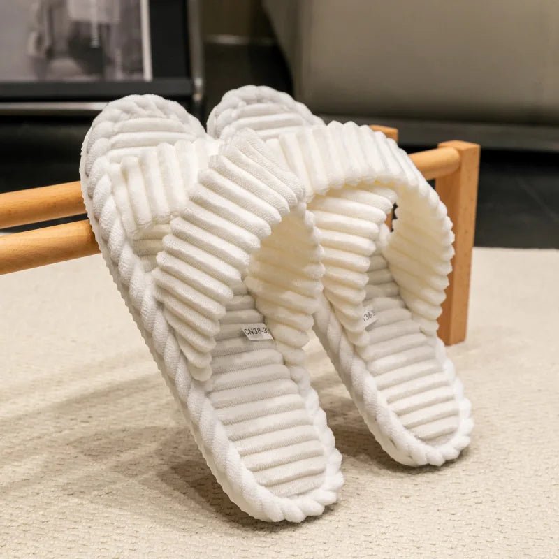 Fashion Corduroy Cross band Open Toe Home Slippers Women Autumn Winter Warm Plush Slides ladies Bedroom Soft Sole Slippers - PCWLDASHRES