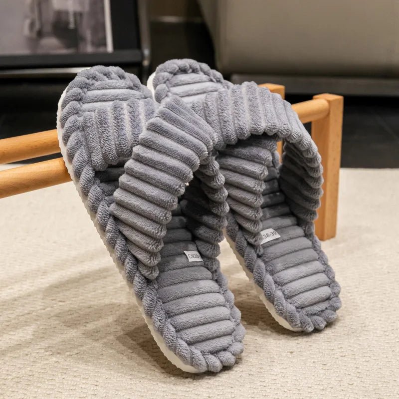 Fashion Corduroy Cross band Open Toe Home Slippers Women Autumn Winter Warm Plush Slides ladies Bedroom Soft Sole Slippers - PCWLDASHRES