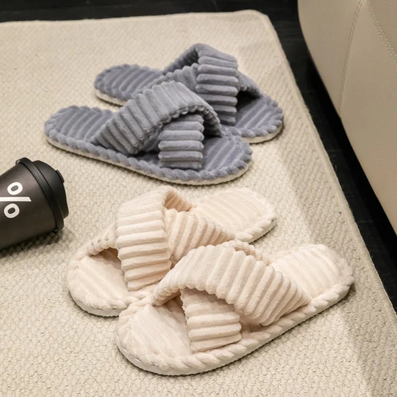 Fashion Corduroy Cross band Open Toe Home Slippers Women Autumn Winter Warm Plush Slides ladies Bedroom Soft Sole Slippers - PCWLDASHRES