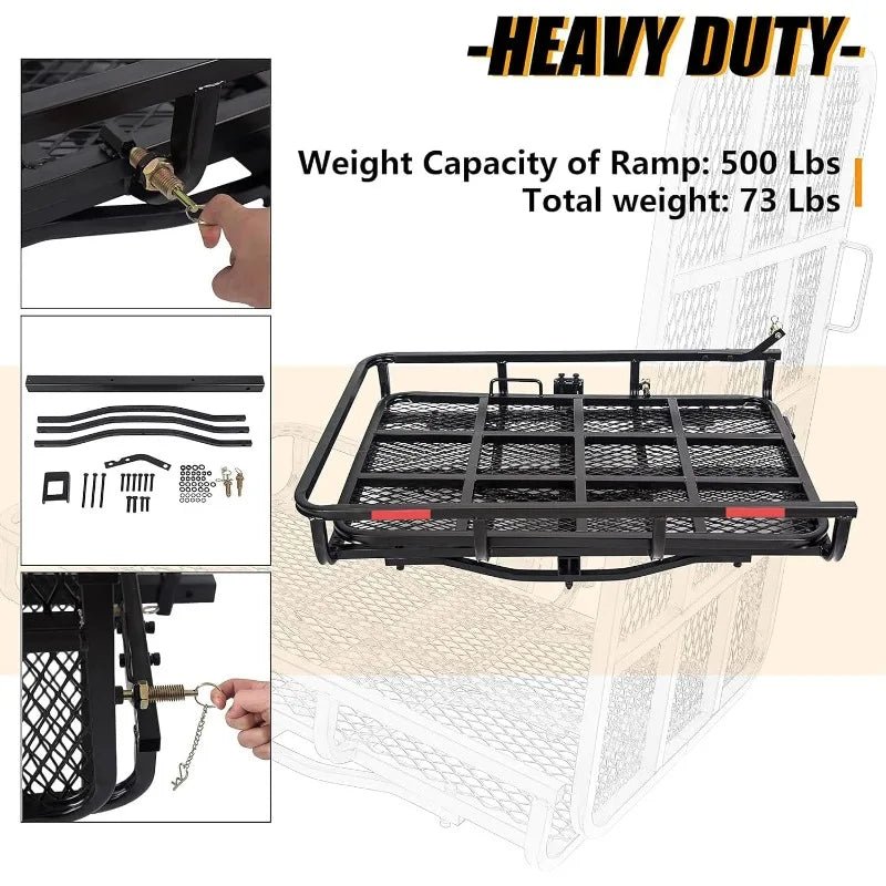 Hitch Mount Wheelchair Carrier With Mobility Ramp For Wheelchair Scooter Lawn Mower Snow Blower Hauler 500lbCapacity BasketStyle - PCWLDASHRES
