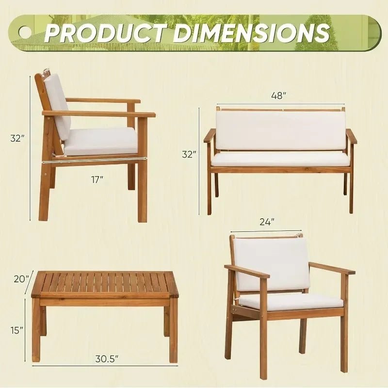 HOME Patio Furniture 4 Piece Outdoor Acacia Wood Patio Conversation Sofa Set with Table & Cushions Porch Furniture - PCWLDASHRES