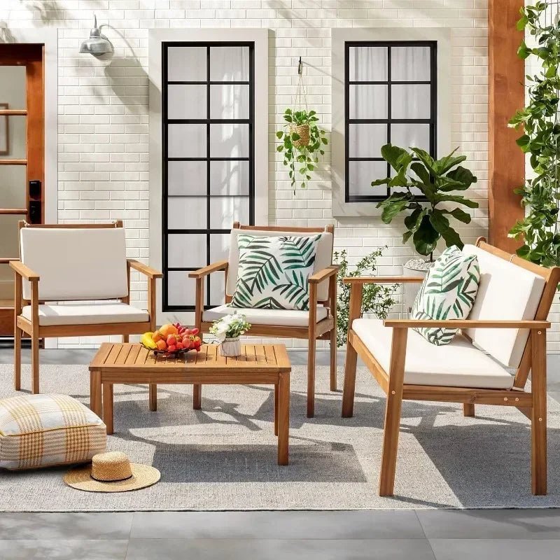 HOME Patio Furniture 4 Piece Outdoor Acacia Wood Patio Conversation Sofa Set with Table & Cushions Porch Furniture - PCWLDASHRES