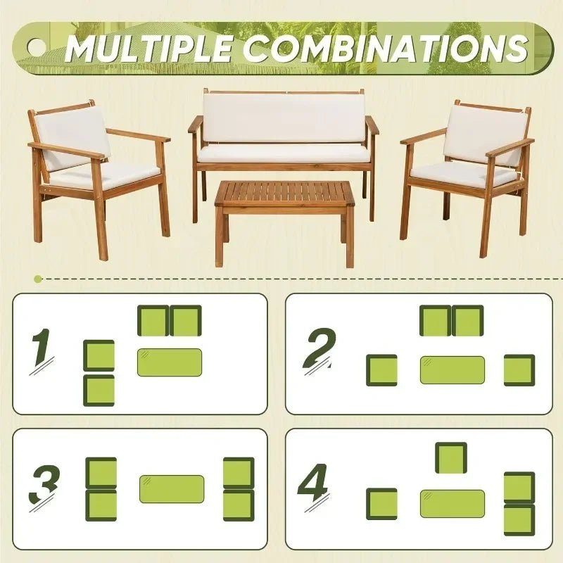 HOME Patio Furniture 4 Piece Outdoor Acacia Wood Patio Conversation Sofa Set with Table & Cushions Porch Furniture - PCWLDASHRES