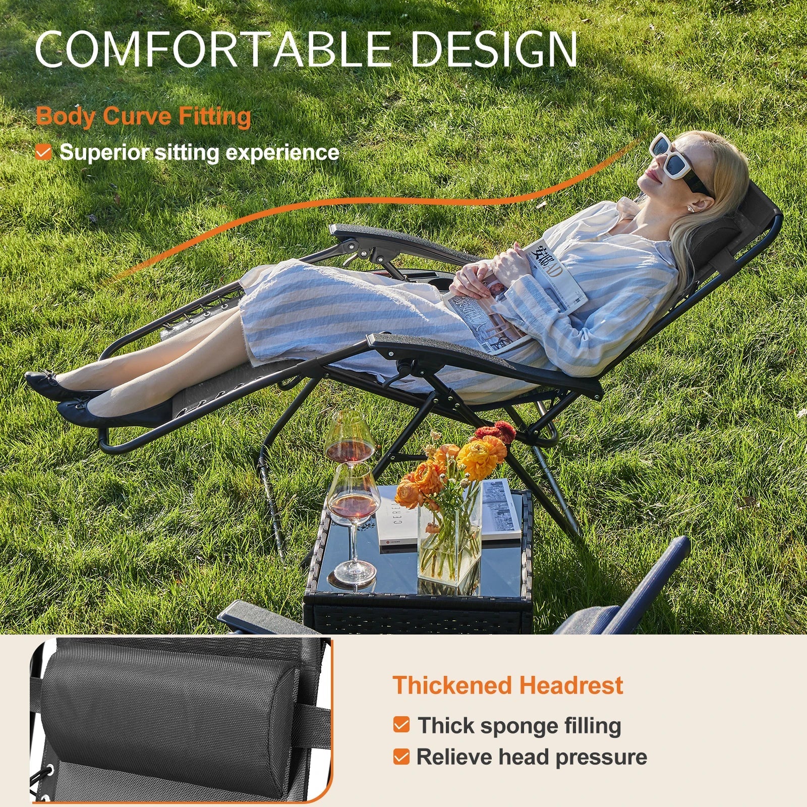 JHK Zero Gravity Set of 2 Portable Recliner Camping Patio Outdoor Garden Lounge Chair with Cup Holder Trays Adjustable Pillow - PCWLDASHRES