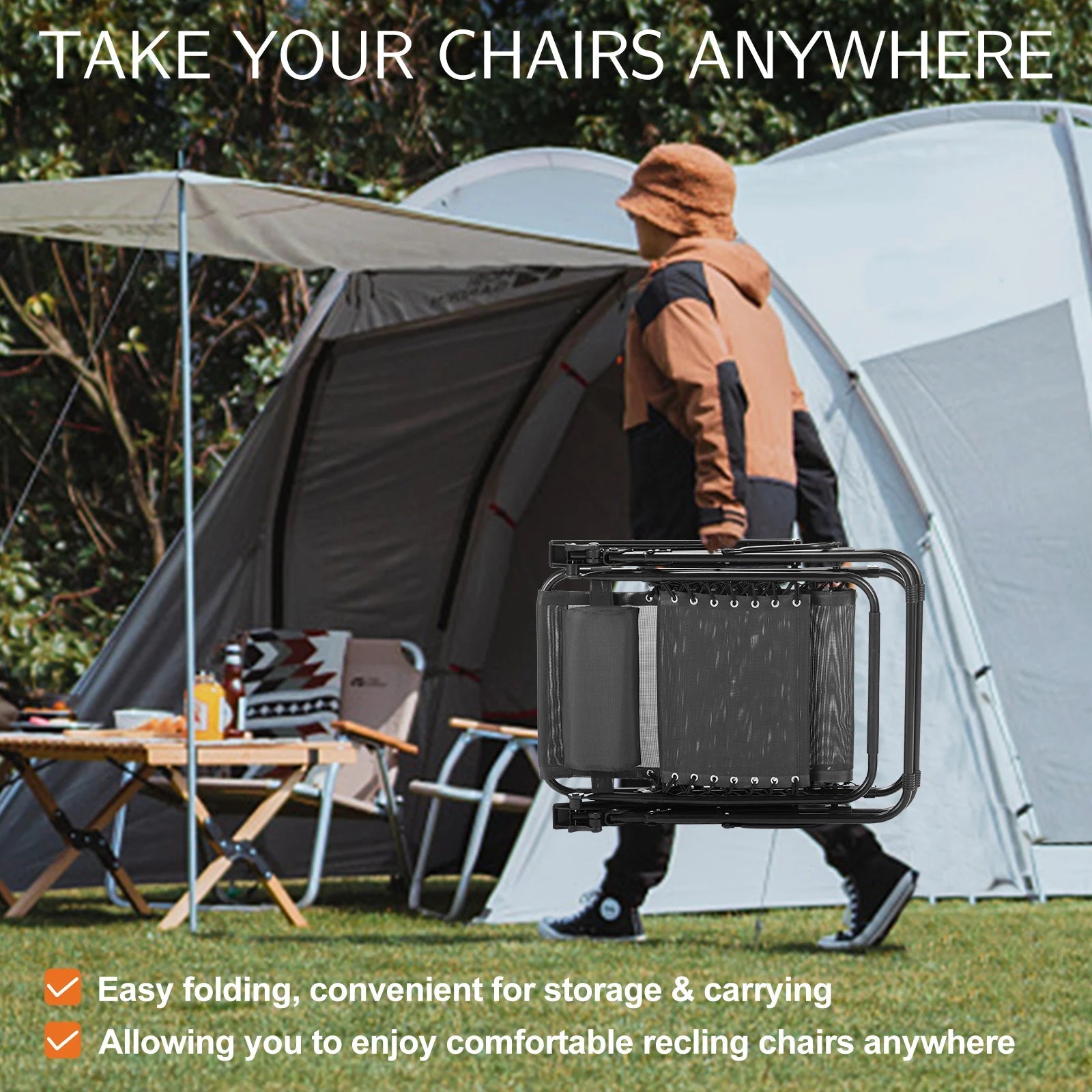 JHK Zero Gravity Set of 2 Portable Recliner Camping Patio Outdoor Garden Lounge Chair with Cup Holder Trays Adjustable Pillow - PCWLDASHRES