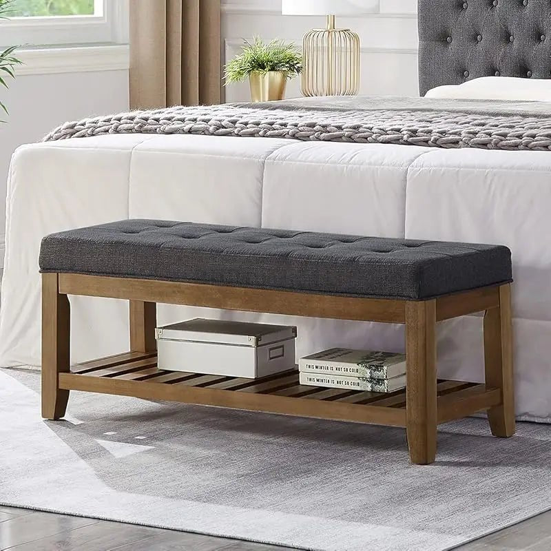 Large Rectangular Upholstered Tufted Linen Fabric Ottoman Bench, Padded Bench with Solid Wood Shelf - Granite - PCWLDASHRES