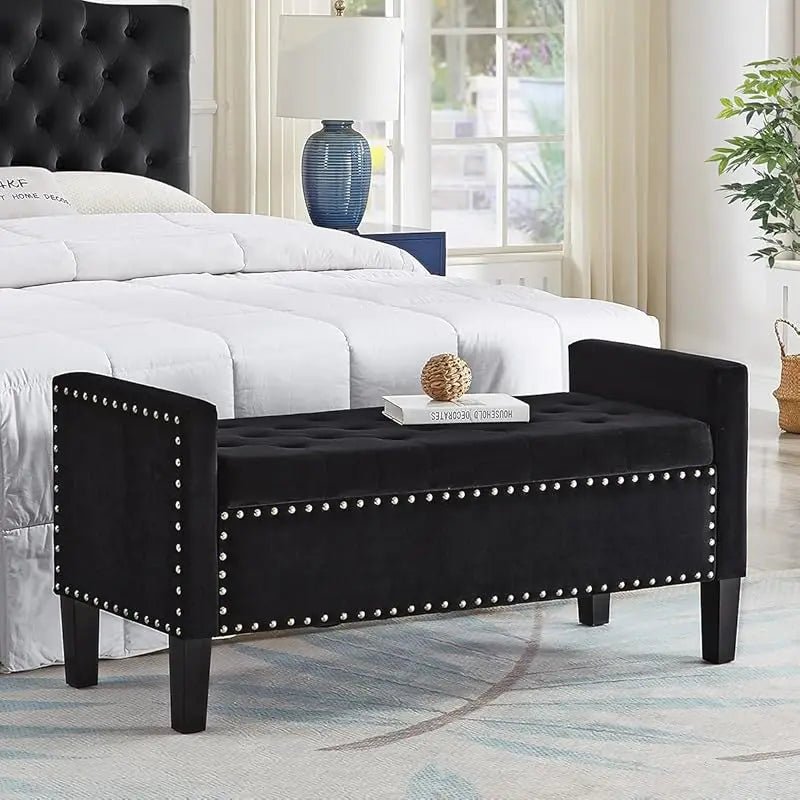 Large Rectangular Upholstered Tufted Linen Fabric Ottoman Bench, Padded Bench with Solid Wood Shelf - Granite - PCWLDASHRES
