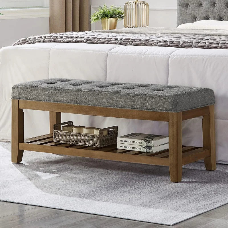 Large Rectangular Upholstered Tufted Linen Fabric Ottoman Bench, Padded Bench with Solid Wood Shelf - Granite - PCWLDASHRES