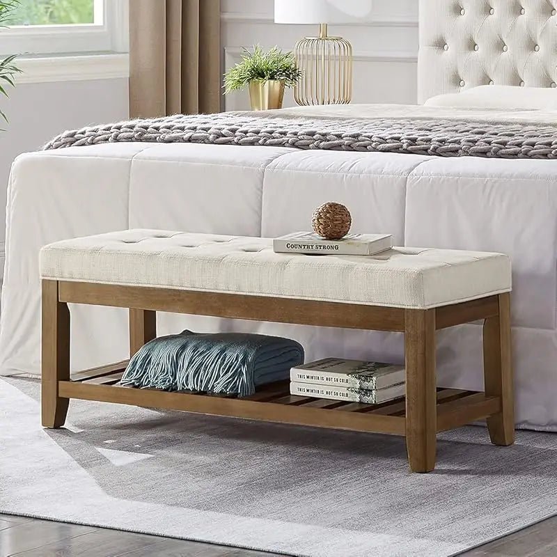 Large Rectangular Upholstered Tufted Linen Fabric Ottoman Bench, Padded Bench with Solid Wood Shelf - Granite - PCWLDASHRES