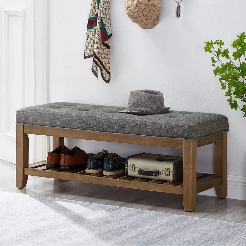 Large Rectangular Upholstered Tufted Linen Fabric Ottoman Bench, Padded Bench with Solid Wood Shelf - Granite - PCWLDASHRES