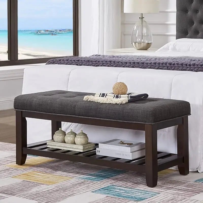 Large Rectangular Upholstered Tufted Linen Fabric Ottoman Bench, Padded Bench with Solid Wood Shelf - Granite - PCWLDASHRES