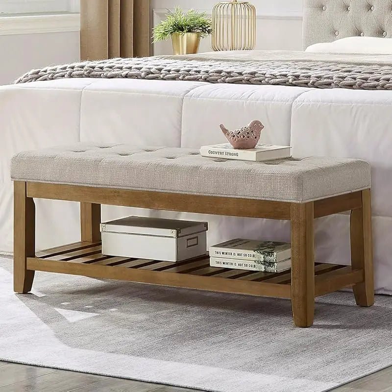 Large Rectangular Upholstered Tufted Linen Fabric Ottoman Bench, Padded Bench with Solid Wood Shelf - Granite - PCWLDASHRES