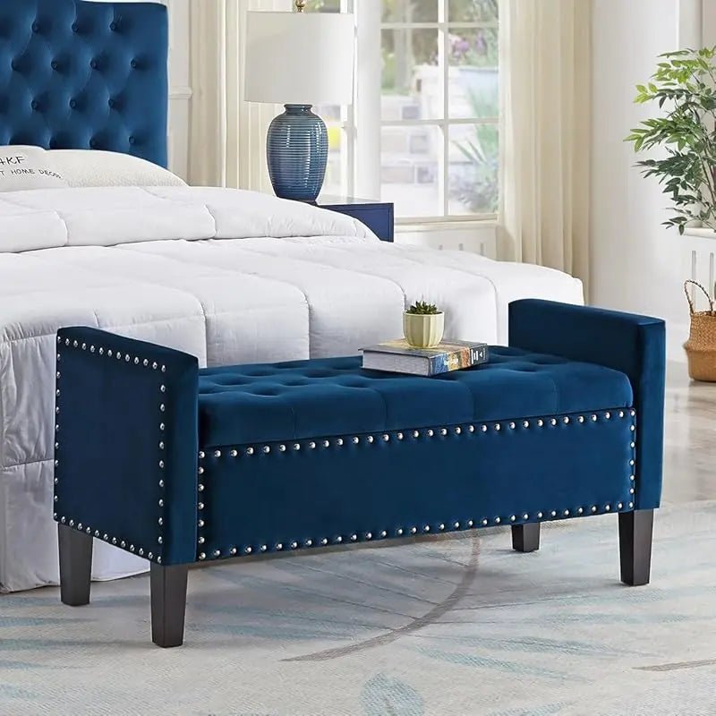 Large Rectangular Upholstered Tufted Linen Fabric Ottoman Bench, Padded Bench with Solid Wood Shelf - Granite - PCWLDASHRES