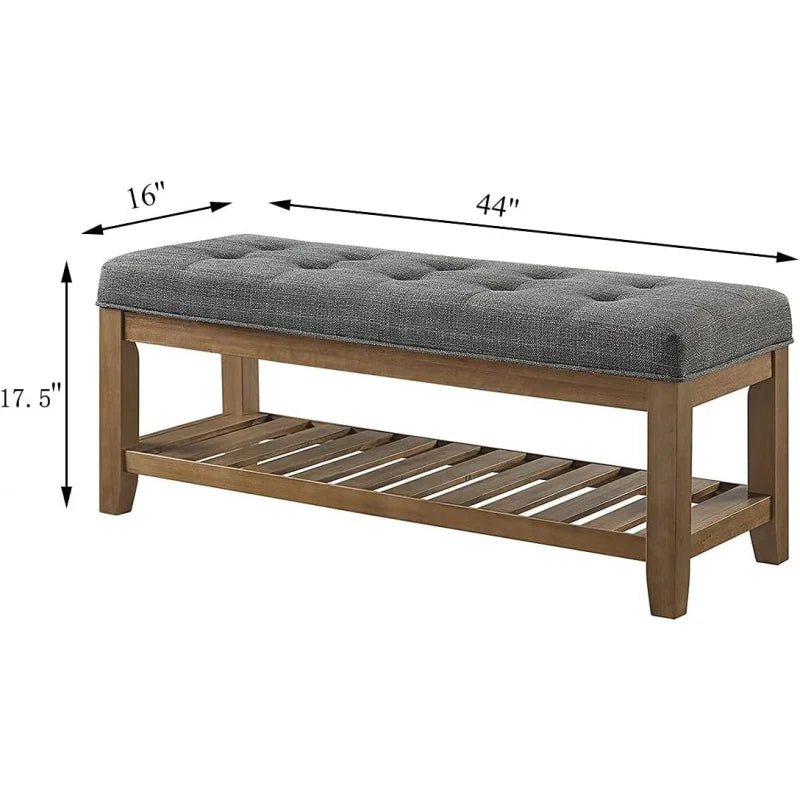 Large Rectangular Upholstered Tufted Linen Fabric Ottoman Bench, Padded Bench with Solid Wood Shelf - Granite - PCWLDASHRES