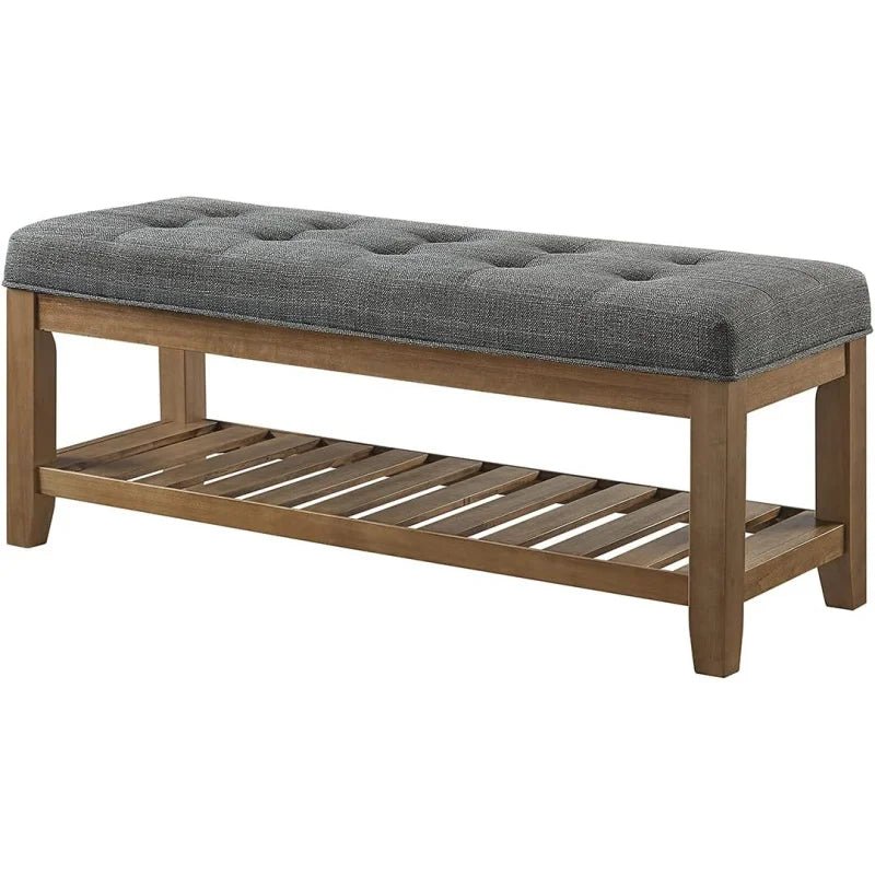Large Rectangular Upholstered Tufted Linen Fabric Ottoman Bench, Padded Bench with Solid Wood Shelf - Granite - PCWLDASHRES