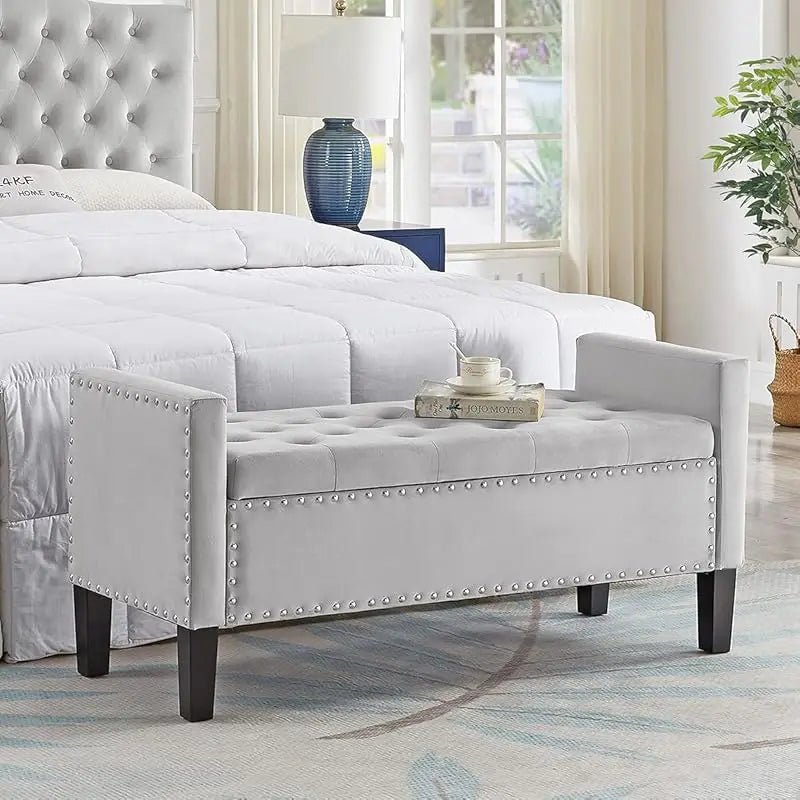 Large Rectangular Upholstered Tufted Linen Fabric Ottoman Bench, Padded Bench with Solid Wood Shelf - Granite - PCWLDASHRES