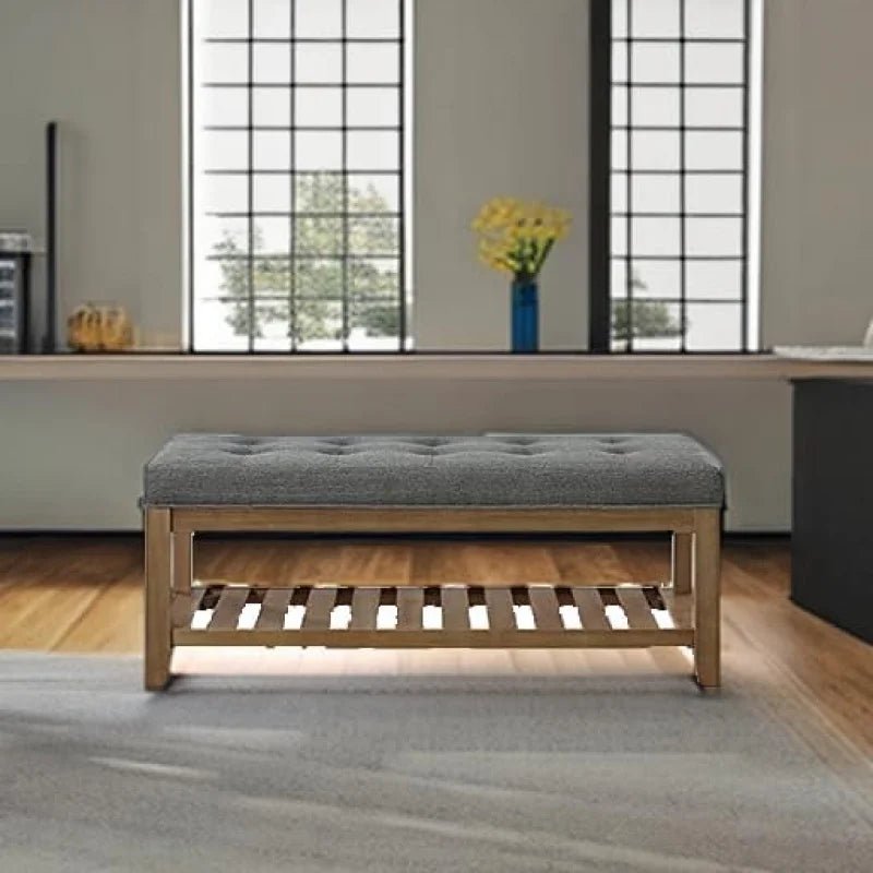 Large Rectangular Upholstered Tufted Linen Fabric Ottoman Bench, Padded Bench with Solid Wood Shelf - Granite - PCWLDASHRES