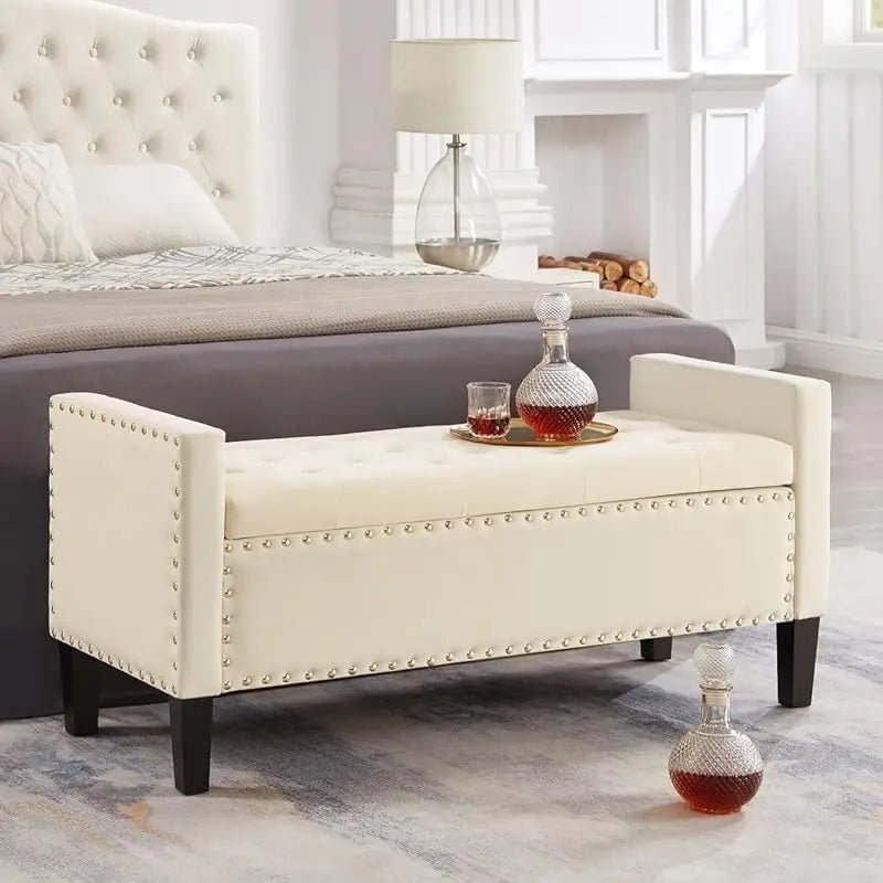 Large Rectangular Upholstered Tufted Linen Fabric Ottoman Bench, Padded Bench with Solid Wood Shelf - Granite - PCWLDASHRES