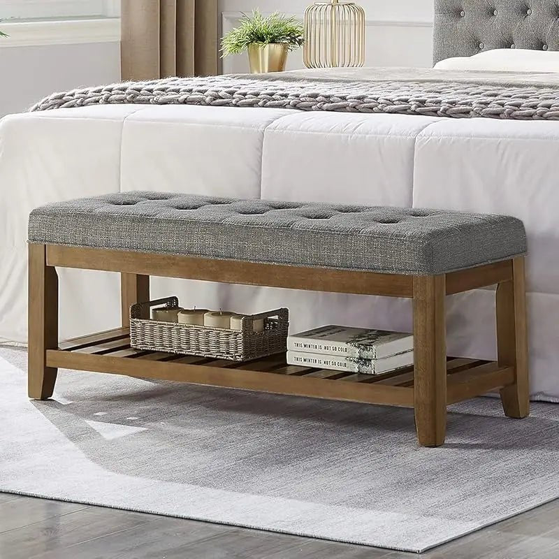 Large Rectangular Upholstered Tufted Linen Fabric Ottoman Bench, Padded Bench with Solid Wood Shelf - Granite - PCWLDASHRES