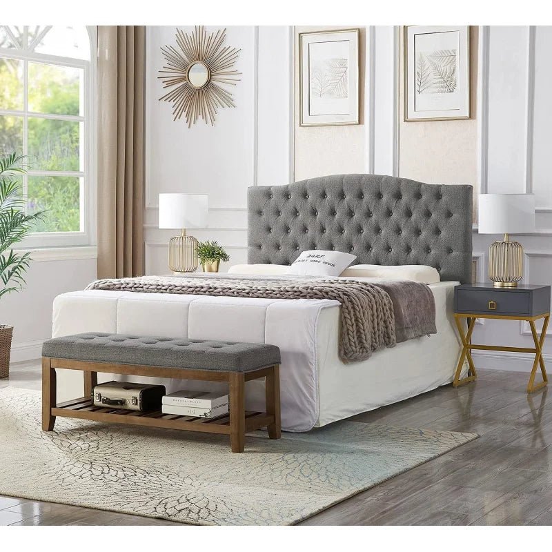 Large Rectangular Upholstered Tufted Linen Fabric Ottoman Bench, Padded Bench with Solid Wood Shelf - Granite - PCWLDASHRES
