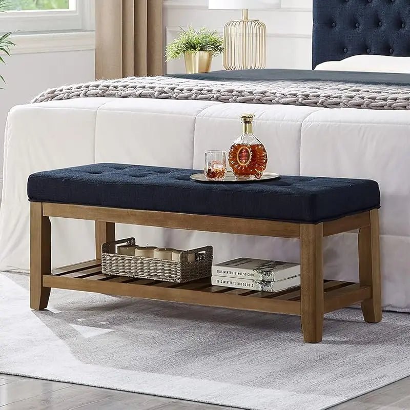 Large Rectangular Upholstered Tufted Linen Fabric Ottoman Bench, Padded Bench with Solid Wood Shelf - Granite - PCWLDASHRES