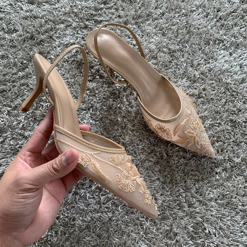 Mesh Embroidered Fashion Sandals Women String Bead High Heels Mules Shoes Pointed Toe Slingback Slippers Women Zapatos De Mujer - PCWLDASHRES