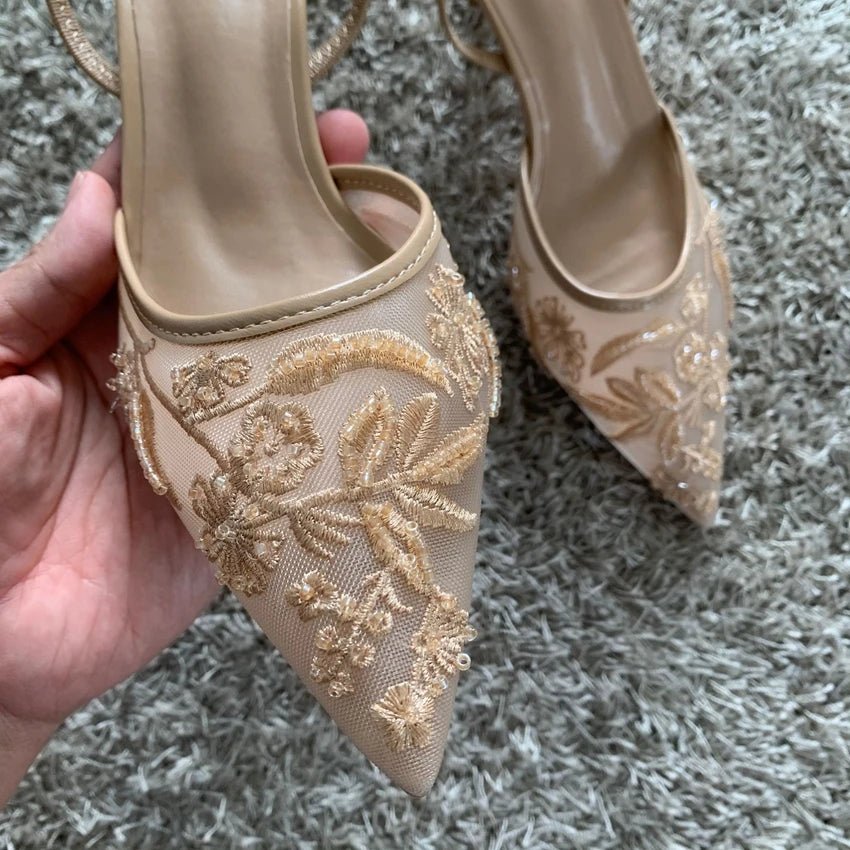 Mesh Embroidered Fashion Sandals Women String Bead High Heels Mules Shoes Pointed Toe Slingback Slippers Women Zapatos De Mujer - PCWLDASHRES