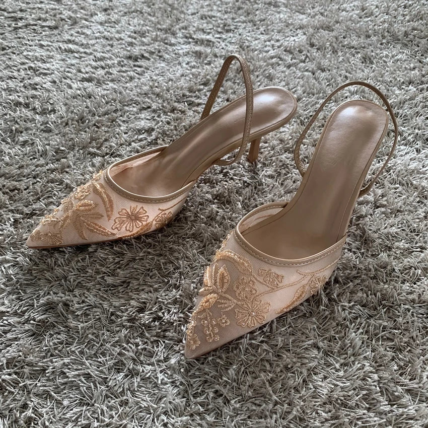 Mesh Embroidered Fashion Sandals Women String Bead High Heels Mules Shoes Pointed Toe Slingback Slippers Women Zapatos De Mujer - PCWLDASHRES