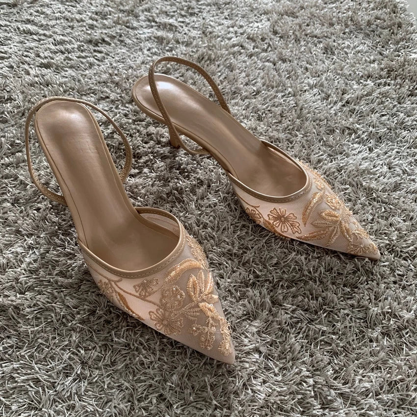 Mesh Embroidered Fashion Sandals Women String Bead High Heels Mules Shoes Pointed Toe Slingback Slippers Women Zapatos De Mujer - PCWLDASHRES