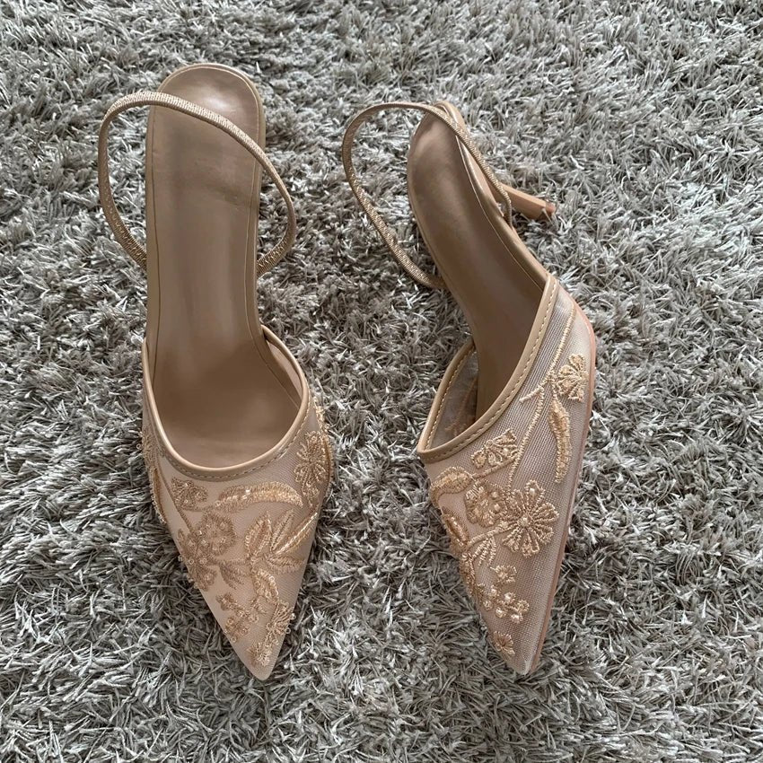 Mesh Embroidered Fashion Sandals Women String Bead High Heels Mules Shoes Pointed Toe Slingback Slippers Women Zapatos De Mujer - PCWLDASHRES