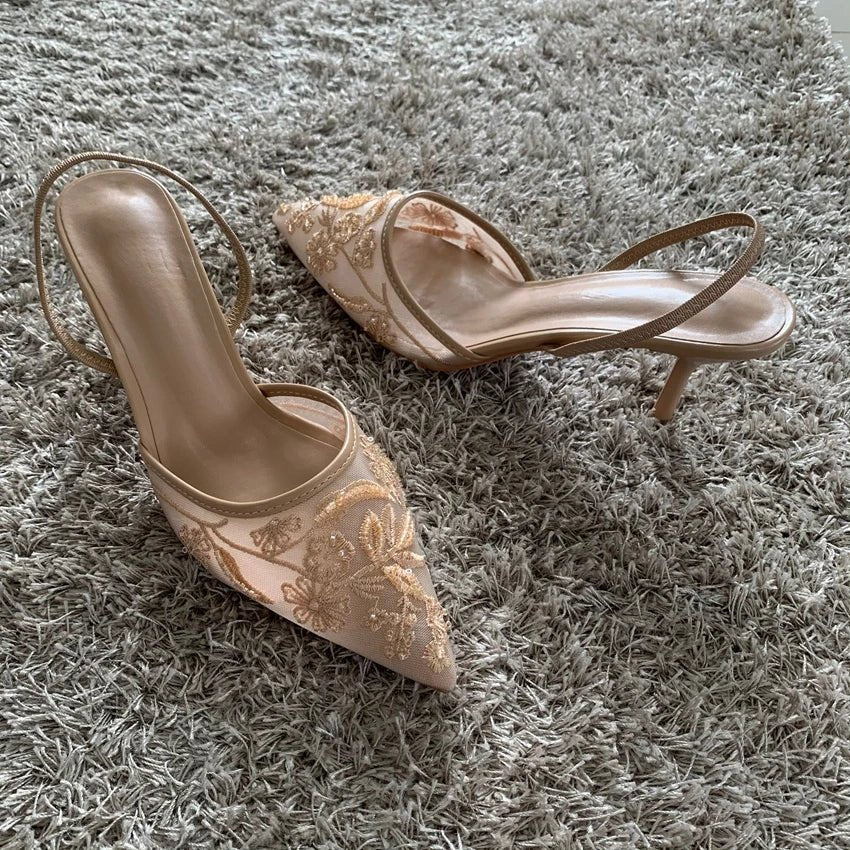 Mesh Embroidered Fashion Sandals Women String Bead High Heels Mules Shoes Pointed Toe Slingback Slippers Women Zapatos De Mujer - PCWLDASHRES